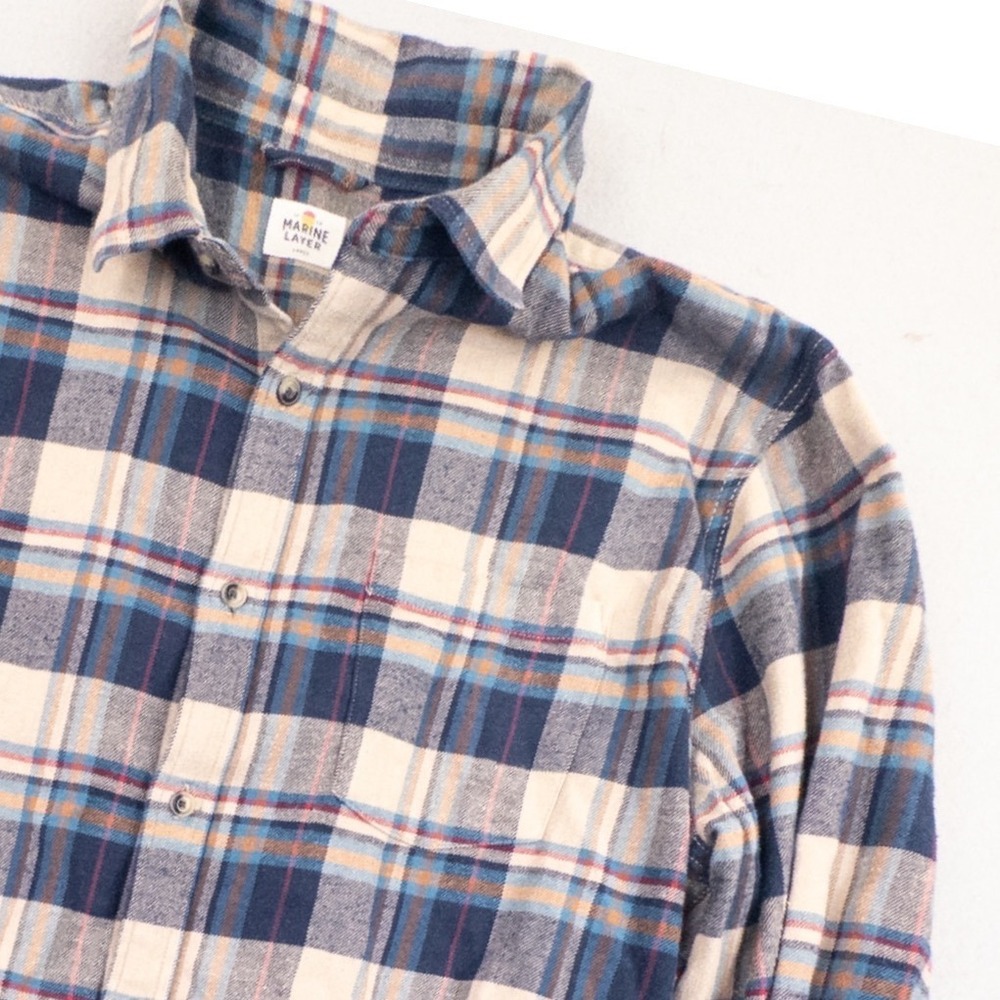 Marine Layer Mens Large Plaid Flannel Button Down Shirt Blue Cream Orange
